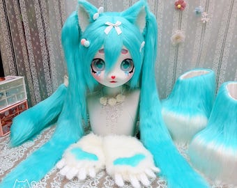 Pastel Aqua Cat Kig Fursuit Full Set, Light-Up Eyes  Lolita Plush Costume Head Paws