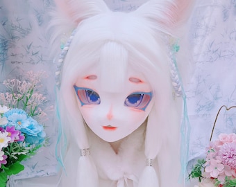 White Fox Kig Fursuit Head, Ethereal Fairy Animal Cosplay Mask , Soft Handmade