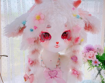 Pastel Pink Cream Floppy Ear Lamb Kig Fursuit Full Set, Curly Hair Heart Eyes