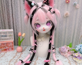 Black Pink Cat Kig Fursuit Head,  Dark Cute Jirai Cosplay Mask for All Ages