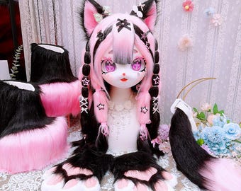 Black Pink Cat Fox Kig Fursuit Head, Sweet & Edgy Dual Style Animal Mask for All Ages
