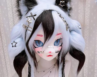 Pastel Goth Y2K Wolf Fox Kig Fursuit Full Set, Anime Costume Head Paws Tail