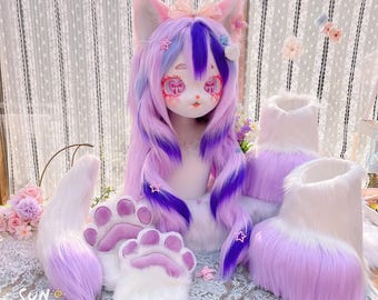 Pastel Purple Pink Cat Kemono Kigurumi Fursuit Head, Furry Head Mask for Cosplay Convention