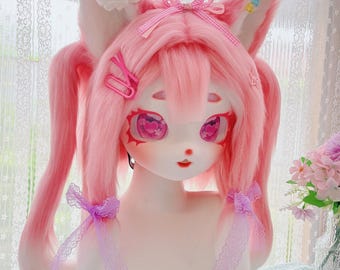 Y2K Pastel Pink Kig Fursuit Full Set, Anime Face Twin Tails Heart Eyes