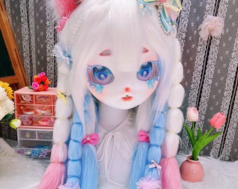 Pastel Pink Blue Kig Fursuit Head, Cat Fox Universal Anime Cosplay Mask Handmade