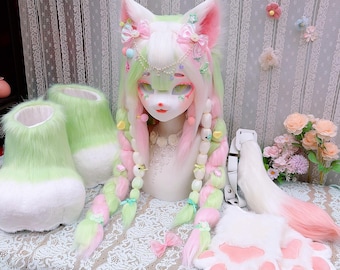 Pastel Pink White Mint Fox Kig Fursuit Full Set, Sweet Lolita Costume