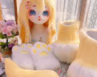 Cream Yellow Cat Kig Fursuit Full Set, Twin Braids Lolita Soft Costume Head Paws Tail
