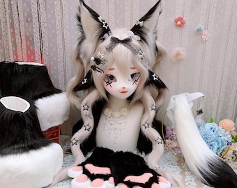 Black Gray Fox Kig Fursuit Head, Jirai Dark Cute Anime Cosplay Mask ,Sweet & Edgy