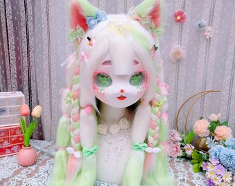 Mint Green Cat Fursuit Head, Pastel Animal Cosplay Mask, Faux Fur, Follow-Me Eyes