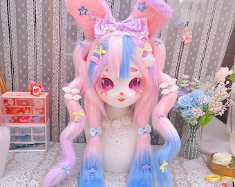 Blue Purple Pink Upright Ear Bunny Kig Fursuit Head,Playful Animal Cosplay Mask