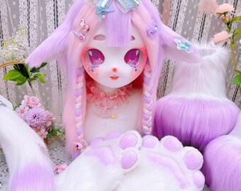 Pastel Purple Pink Fox Kig Fursuit Full Set, Sweet Lolita Furry Costume Head Paws Tail