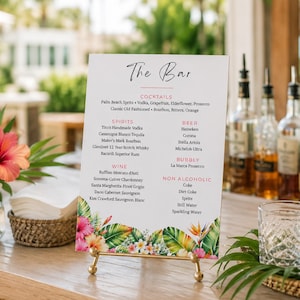 Tropical Wedding Bar Menu Template, Hibiscus Palm Leaf Reception Sign (Digital Download) TR101