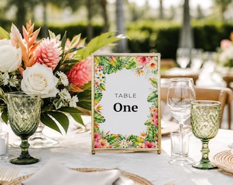 Plantilla de número de mesa con hibisco en acuarela tropical, letreros para bodas de destino (descarga digital) TR101