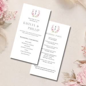 Pink Watercolor Floral Wedding Program Template, Wildflower Monogram Wedding Suite (Digital Download) PW101