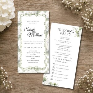 Modelo de programa de casamento com hortênsias brancas e arranjos florais em verde sálvia (download digital) WH101