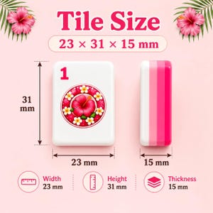 Puede incluir: Azulejo blanco con un dise&ntilde;o de flor de hibisco roja, que mide 23 mm de ancho, 31 mm de alto y 15 mm de grosor. El azulejo tiene el n&uacute;mero 1. Hay un azulejo a rayas rosas y blancas al lado. El texto "Tile Size" est&aacute; en la parte superior.