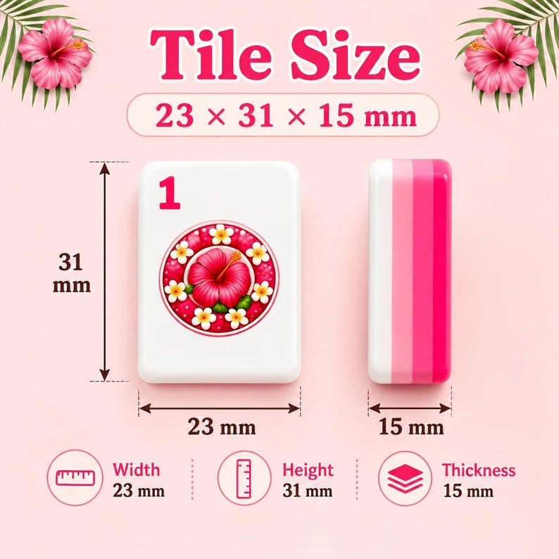Puede incluir: Azulejo blanco con un dise&ntilde;o de flor de hibisco roja, que mide 23 mm de ancho, 31 mm de alto y 15 mm de grosor. El azulejo tiene el n&uacute;mero 1. Hay un azulejo a rayas rosas y blancas al lado. El texto "Tile Size" est&aacute; en la parte superior.