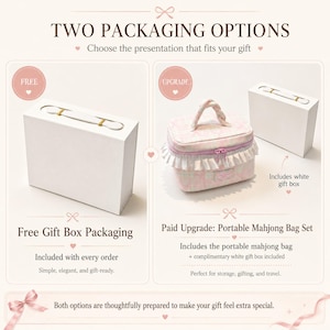 May include: Image showcasing two gift packaging options. One is a free white gift box, and the other is a pink portable mahjong bag set with a white gift box upgrade. Text reads "Two Packaging Options" and "Choose the presentation that fits your gift."