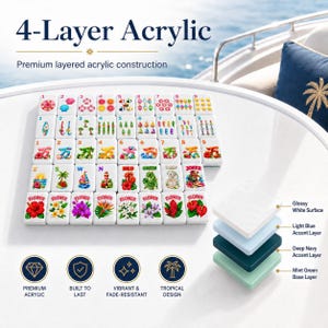 Pode incluir: Um conjunto de pe&ccedil;as de Mahjong em acr&iacute;lico de 4 camadas com designs tropicais, n&uacute;meros e letras. As pe&ccedil;as t&ecirc;m uma superf&iacute;cie branca brilhante, camadas de destaque azul claro e azul marinho, e uma base verde menta com ilustra&ccedil;&otilde;es coloridas.