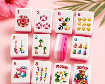 Conjunto de Mahjong Americano com 160 Peças de Acrílico Rosa, Jogo de Mahjong Tropical, Presente de Verão para Amantes de Mahjong