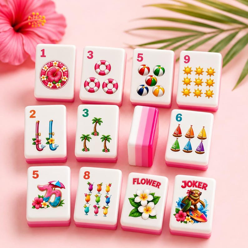 Puede incluir: Un juego de fichas de Mahjong blancas y rosas con varias ilustraciones de tem&aacute;tica veraniega. Las fichas presentan im&aacute;genes de flores, pelotas de playa, palmeras y c&oacute;cteles. Las fichas est&aacute;n dispuestas sobre una superficie rosa, con una gran flor rosa en el fondo.