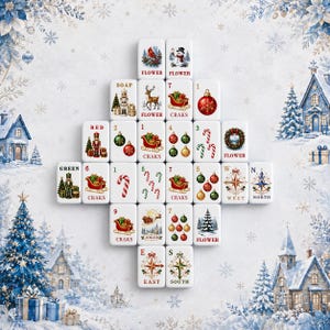 May include: A set of white Mahjong tiles arranged in a tree shape, featuring colorful Christmas-themed illustrations including nutcrackers, reindeer, sleighs, ornaments, candy canes, wreaths, and compass directions labeled East, West, North, and South.