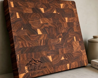 Personalized Cutting Board, Couple Name End Grain Board, Custom Acacia Wood Wedding Gift, Engraved Kitchen Board