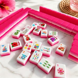 May include: A pink and white Mahjong set with various illustrated tiles. The tiles feature images of flowers, sailboats, and numbers. The set includes a tray and is arranged on a white surface. A pink hibiscus flower is in the background.