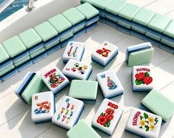 Conjunto de Mahjong Praia Costeira, Conjunto de Peças de Mahjong Praia de Verão, Presente de Mahjong Colorido para Ela