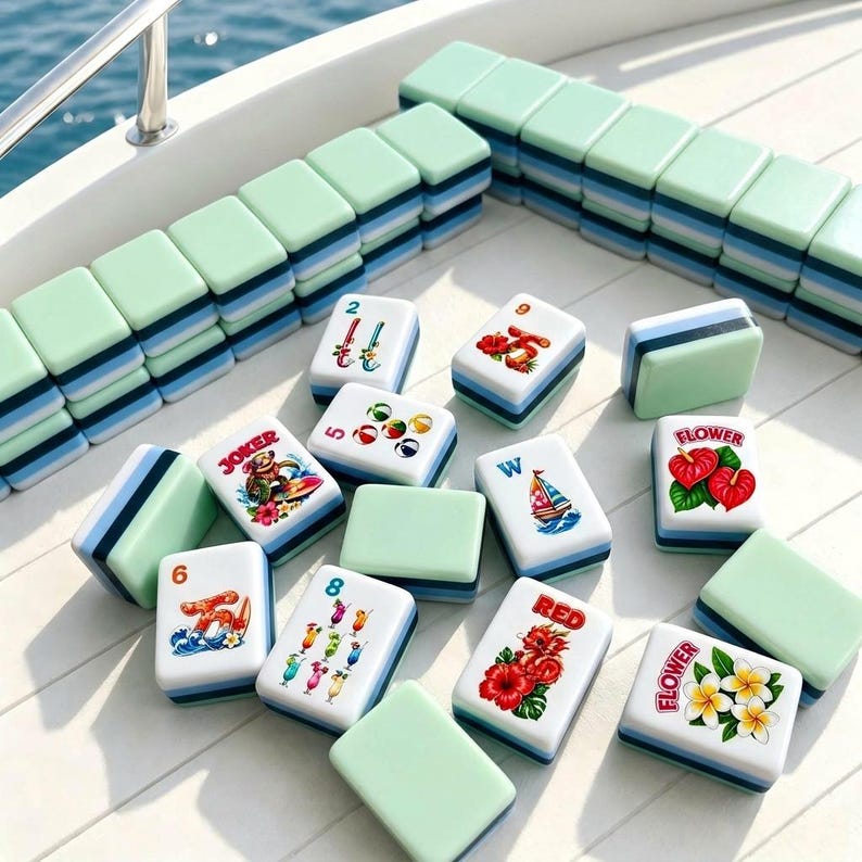 Pode incluir: Um conjunto de pe&ccedil;as retangulares de mahjong com verso verde claro e lados listrados em azul e branco. As faces frontais apresentam ilustra&ccedil;&otilde;es coloridas, incluindo um surfista, bebidas tropicais, veleiros, flores e n&uacute;meros com o texto Joker, Flower e Red.