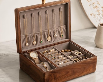 Custom Engraved Jewelry Box, Solid Walnut Jewelry Case, Personalized Wood Jewelry Organizer for Her