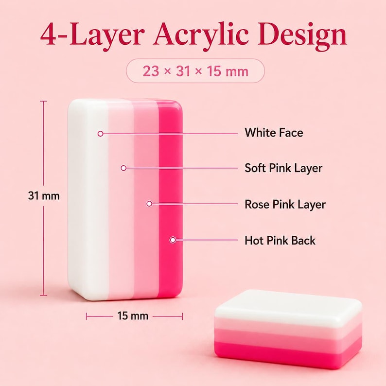 Puede incluir: Dise&ntilde;o acr&iacute;lico de 4 capas, con cara blanca, rosa suave, rosa y rosa intenso. Las dimensiones son 23 x 31 x 15 mm. La imagen muestra dos bloques rectangulares, uno vertical y otro horizontal.