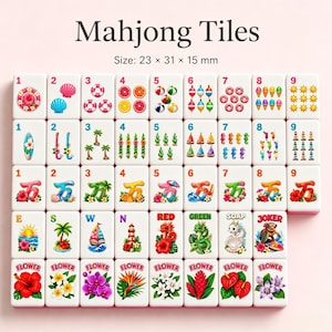 May include: A set of white Mahjong tiles with colorful illustrations. The tiles feature various designs, including fruits, flowers, and nautical themes. The text "Mahjong Tiles" is at the top, with the size of the tiles listed as 23 x 31 x 15 mm.