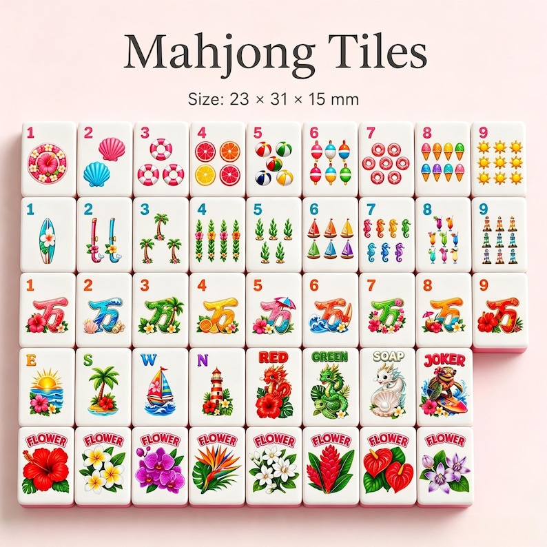 May include: A set of white Mahjong tiles with colorful illustrations. The tiles feature various designs, including fruits, flowers, and nautical themes. The text "Mahjong Tiles" is at the top, with the size of the tiles listed as 23 x 31 x 15 mm.