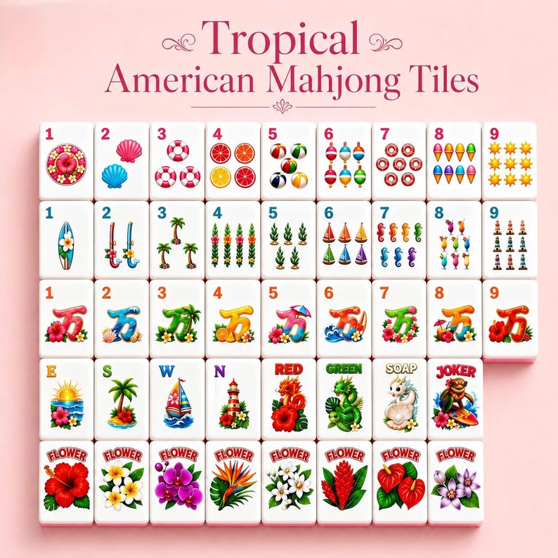 Puede incluir: Un juego de fichas de Mahjong americano tropical. Las fichas presentan varios dise&ntilde;os tropicales, incluyendo frutas, escenas de playa y flores. Las fichas son blancas con ilustraciones y n&uacute;meros coloridos.