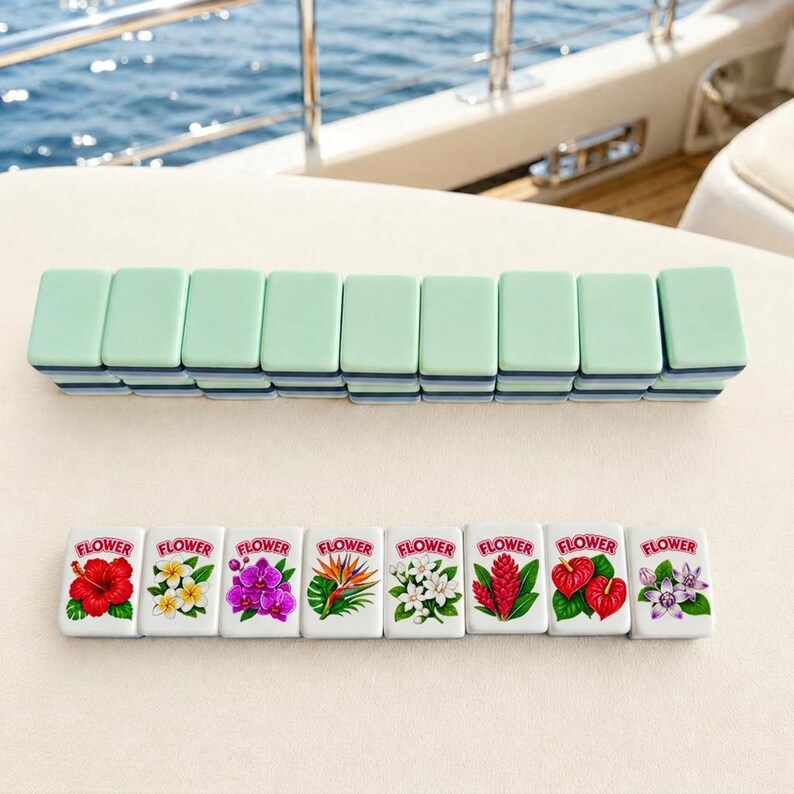 Pode incluir: Um conjunto de pe&ccedil;as de mahjong com uma fila de oito pe&ccedil;as verde-claras e uma fila de oito pe&ccedil;as brancas, cada uma impressa com a palavra FLOWER e uma ilustra&ccedil;&atilde;o colorida de uma flor tropical diferente, incluindo hibisco e orqu&iacute;dea.