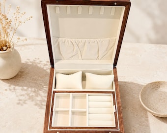 Double Layer Jewelry Box, Wooden Jewelry Organizer with Removable Tray, Ring Necklace Storage Case