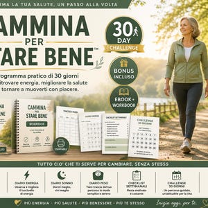 Könnte beinhalten: Ein 30-Tage-Geh-Challenge-Programm mit einem gedruckten Arbeitsbuch, Schrittzähler, Energietagebuch und wöchentlicher Checkliste. Die Materialien enthalten italienischen Text, mit dem Titel Cammina Per Stare Bene auf dem Cover.