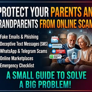 Può includere: Un'infografica intitolata PROTECT YOUR PARENTS AND GRANDPARENTS FROM ONLINE SCAMS. Elenca minacce come e-mail false, phishing, SMS, truffe WhatsApp e Telegram e una lista di controllo di emergenza con un sottotitolo in basso.