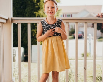 Floral Summer Dress. Short Sleeve Mustard and Navy Floral Print. Summer Dresses. Kids Dresses. Toddler Dresses. Girls Sleeveless Dress.