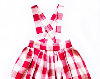 Red Plaid Suspender Skirt. Fall Skirt. Winter Twirl Skirt with Suspenders. Girls Skirt. Check Skirt. Christmas Skirt