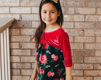 Velvet Floral Dress. Valentine Dress. Kids Dresses. Toddler Dresses. Floral Velvet Dress. Girls Long Sleeve Dress.