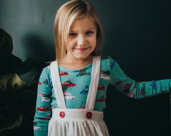 Christmas Outfit. Christmas Tree Print. Winter Skirt. Christmas Leotard and Suspender Skirt. Girls Skirt. White Skirt. Christmas Outfit