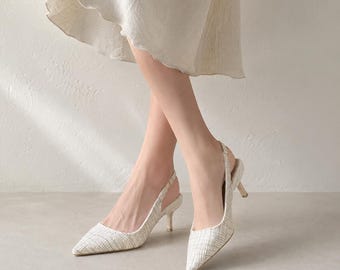 Escarpins à bride arrière en tweed texturé, chaussures habillées élégantes à bout pointu