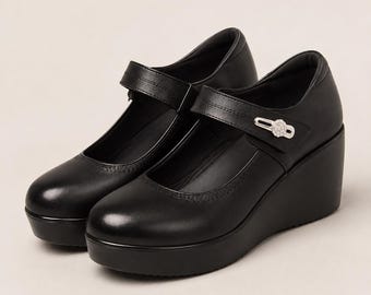 Women's Black PU Leather Mary Jane Wedge Shoes, Round Toe Platform Strap Comfort Footwear