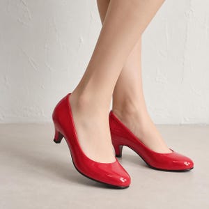 Glossy Low Heel Pumps, Round Toe Slip On Court Heels, PU Leather Dress Shoes