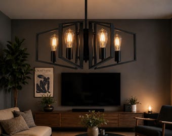 Black Gold Geometric Chandelier, Modern Farmhouse Pendant Light, Industrial Dining Room Ceiling Light