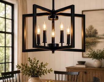 Black Gold Geometric Chandelier, Modern Farmhouse Pendant Light Fixture