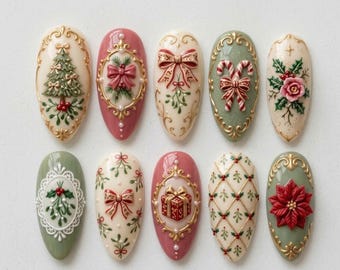 Unghie finte natalizie vintage fatte a mano, eleganti decorazioni floreali 3D in filigrana dorata, unghie natalizie verde salvia e rosse.