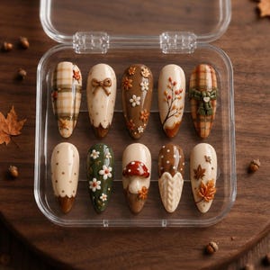 Può includere: Un set di dieci unghie finte a forma di mandorla disposte in una custodia di plastica trasparente. I design presentano motivi autunnali tra cui fantasie a quadri marroni, pois color crema, piccoli fiori bianchi, un fungo rosso e foglie.